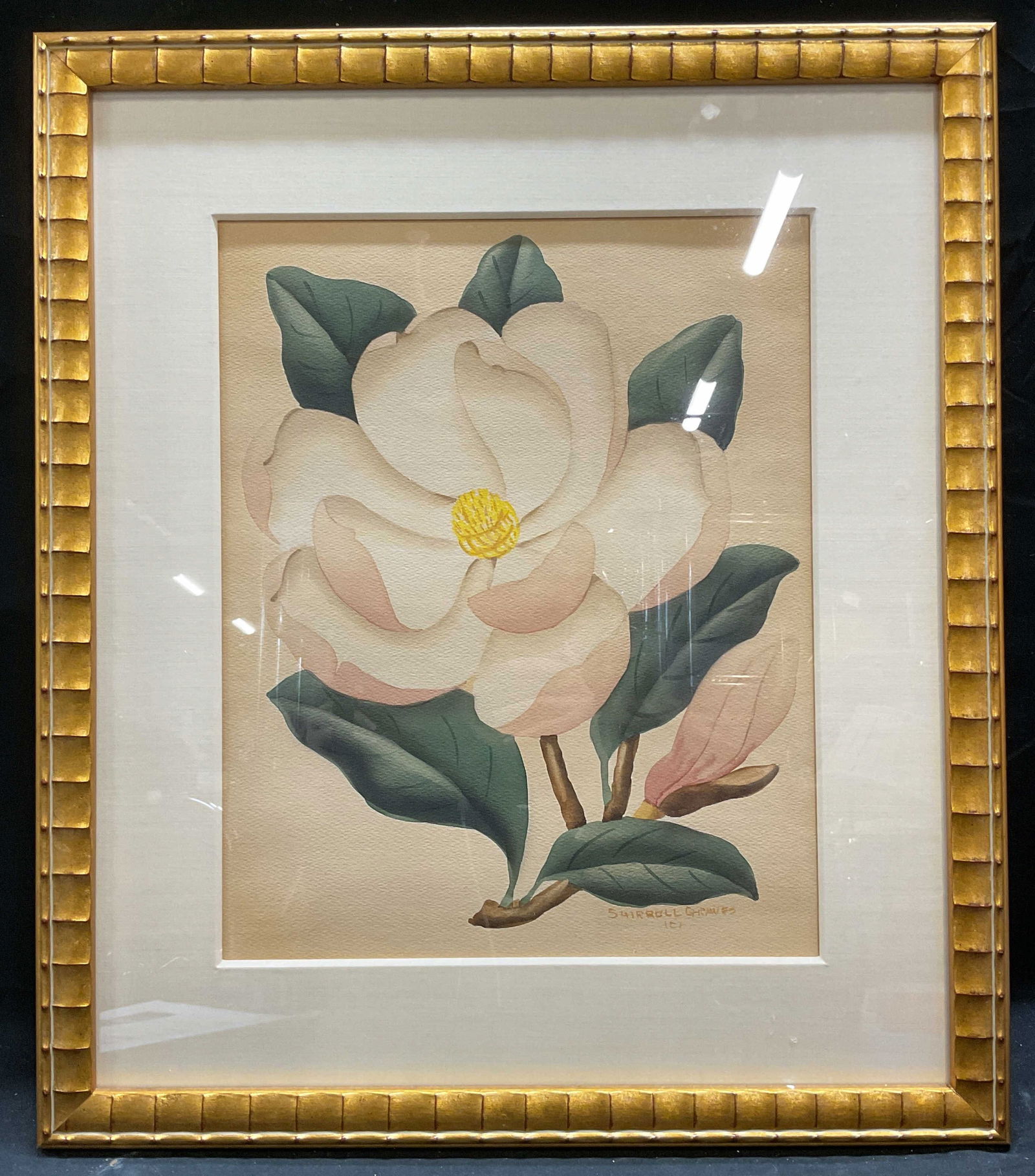 Sgn Shirrell Graves Magnolia Watercolor Painting: Framed and matted watercolor painting on paper. Signed lower right Shirrell Graves. Magnolia. Shirrell Watson Graves (American, 1884-1954) was an impressionist and modern painter. Decorative gilt wood