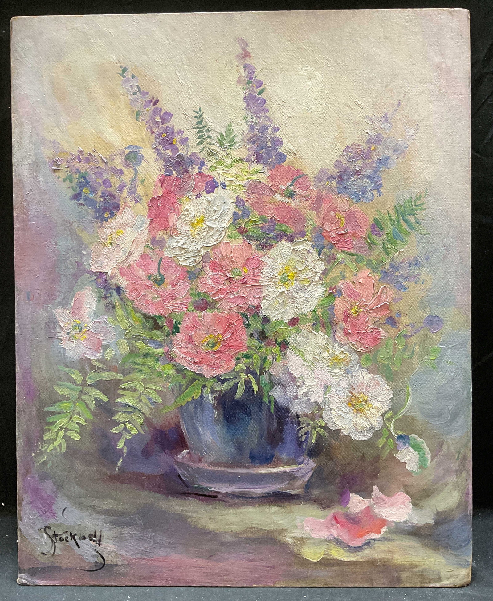 Sgn Catherine Stockwell Flowers Oil Painting: Oil on canvas board painting. Signed lower left, C Stockwell. Catherine Stockwell (American, 1895-1983) was an impressionist painter. Still life with flowers in pink and white. Measures approx 20 x 15