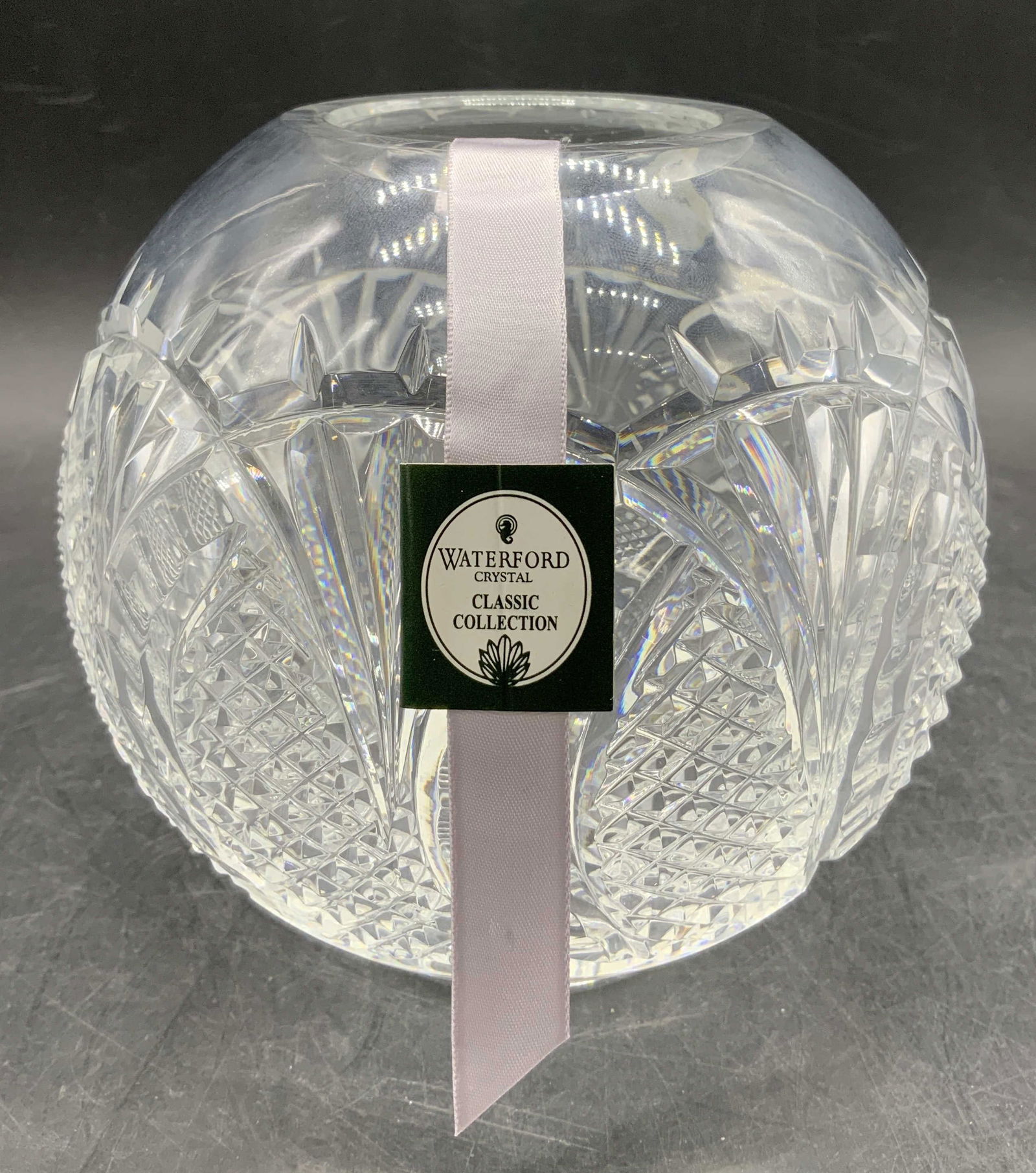 Waterford Crystal Seahorse Rose Bowl IRELAND: Bowl is made or clear, cut crystal. Globe shaped & features a seahorse pattern. Diamond cut & fan shaped cuts. Waterford Crystal, Classic Collection. Signed & marked. Reads, WATERFORD CRYSTAL. MADE IN