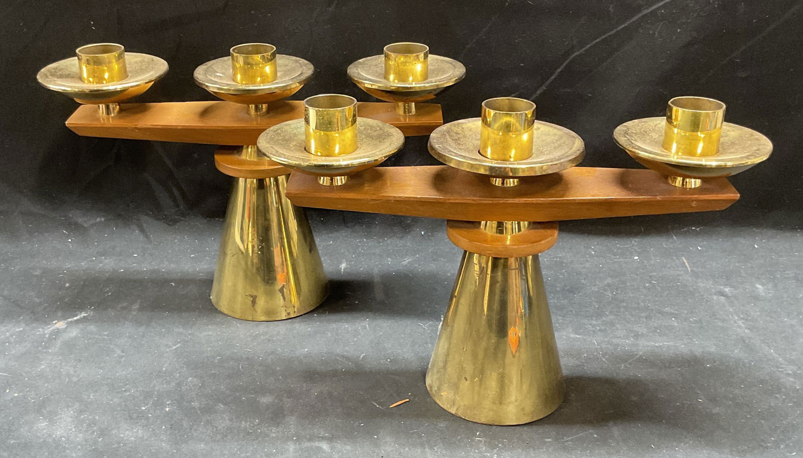 Pair MCM Teak Wood & Brass Candle Holders (1 of 6)