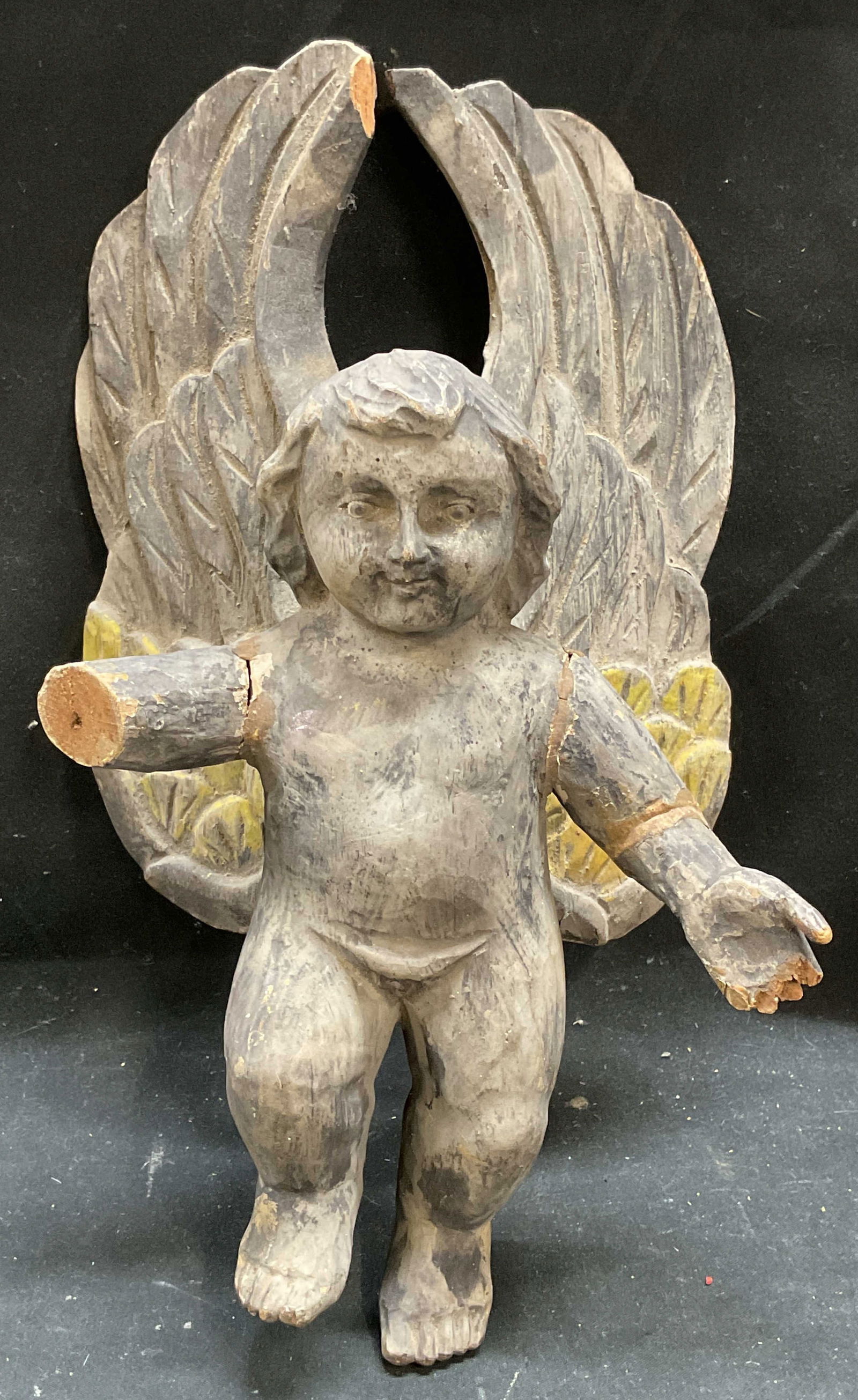 Antique Hand Carved Wood Angel Putto Figurine (1 of 6)
