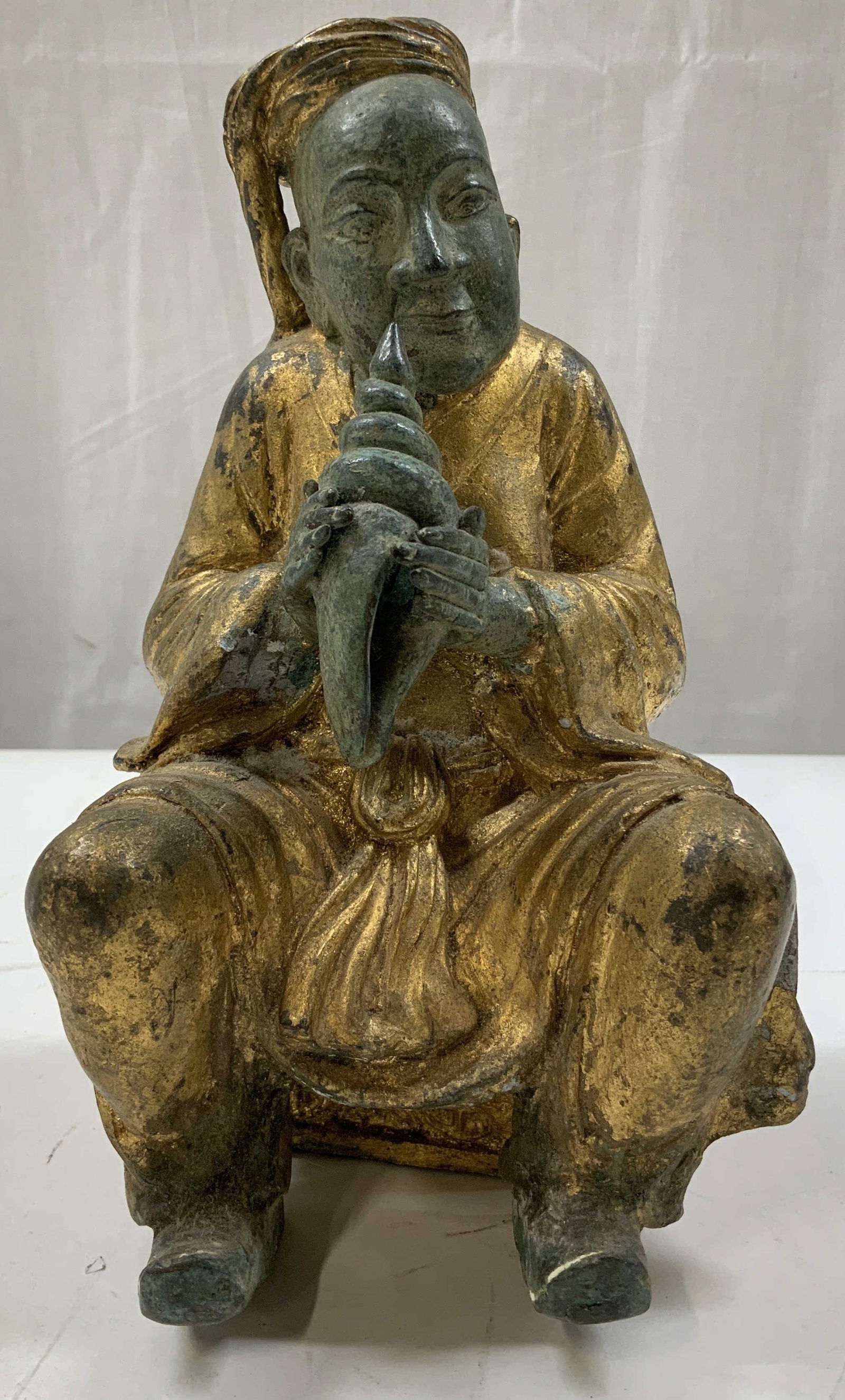Vtg Seated Monk Holding Conch Shell Gilt Metal Fig (1 of 6)