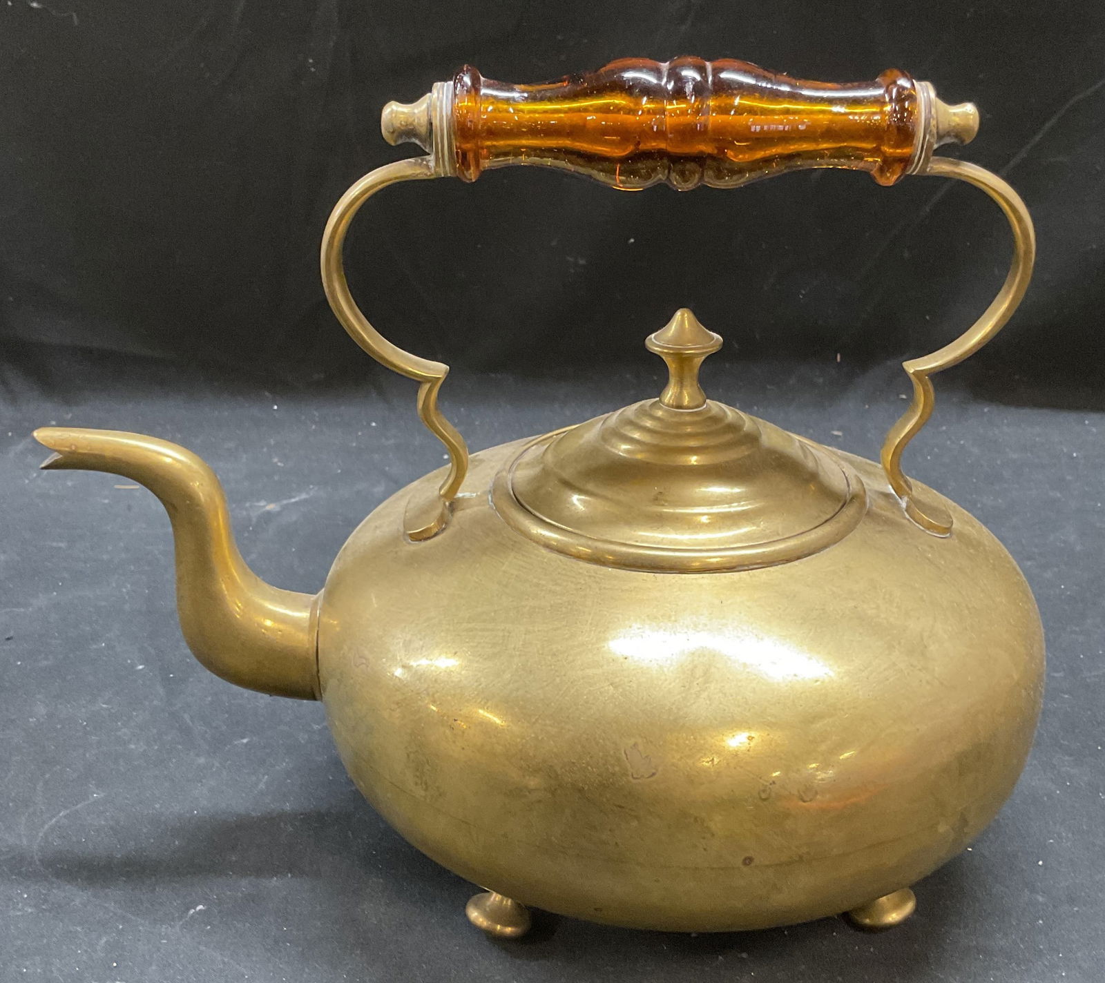 Antique Brass Glass Handle Footed Kettle (1 of 6)