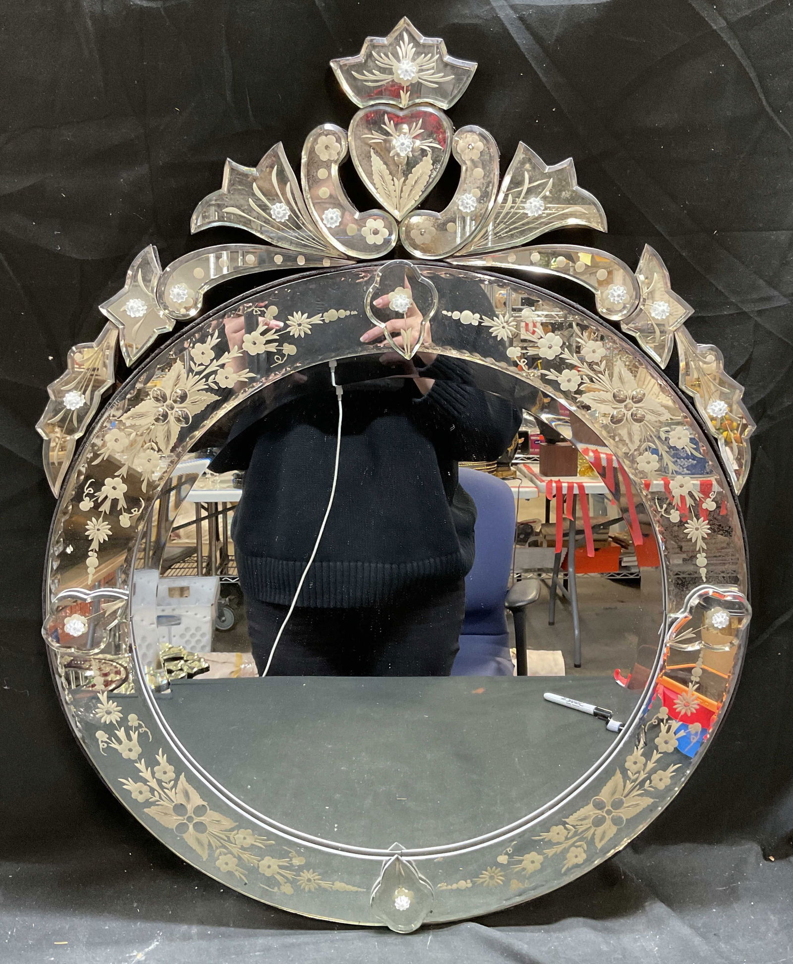 Venetian Etched Beveled Glass Round Mirror (1 of 6)