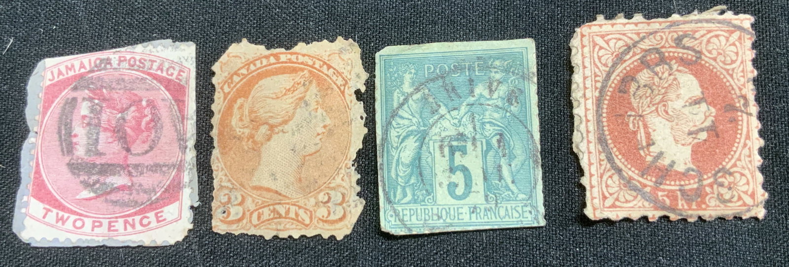 Lot 4 Antique Portrait Postage Stamps FRANCE 1867-1874: Lot includes, 1 pink Jamaican postage from the Victorian era. Stamp features a portrait of Queen Victoria. Two Pence. 1 red 5-kreuzer postage stamp from the 1867-1874 issues of the Austrian Empire, fe