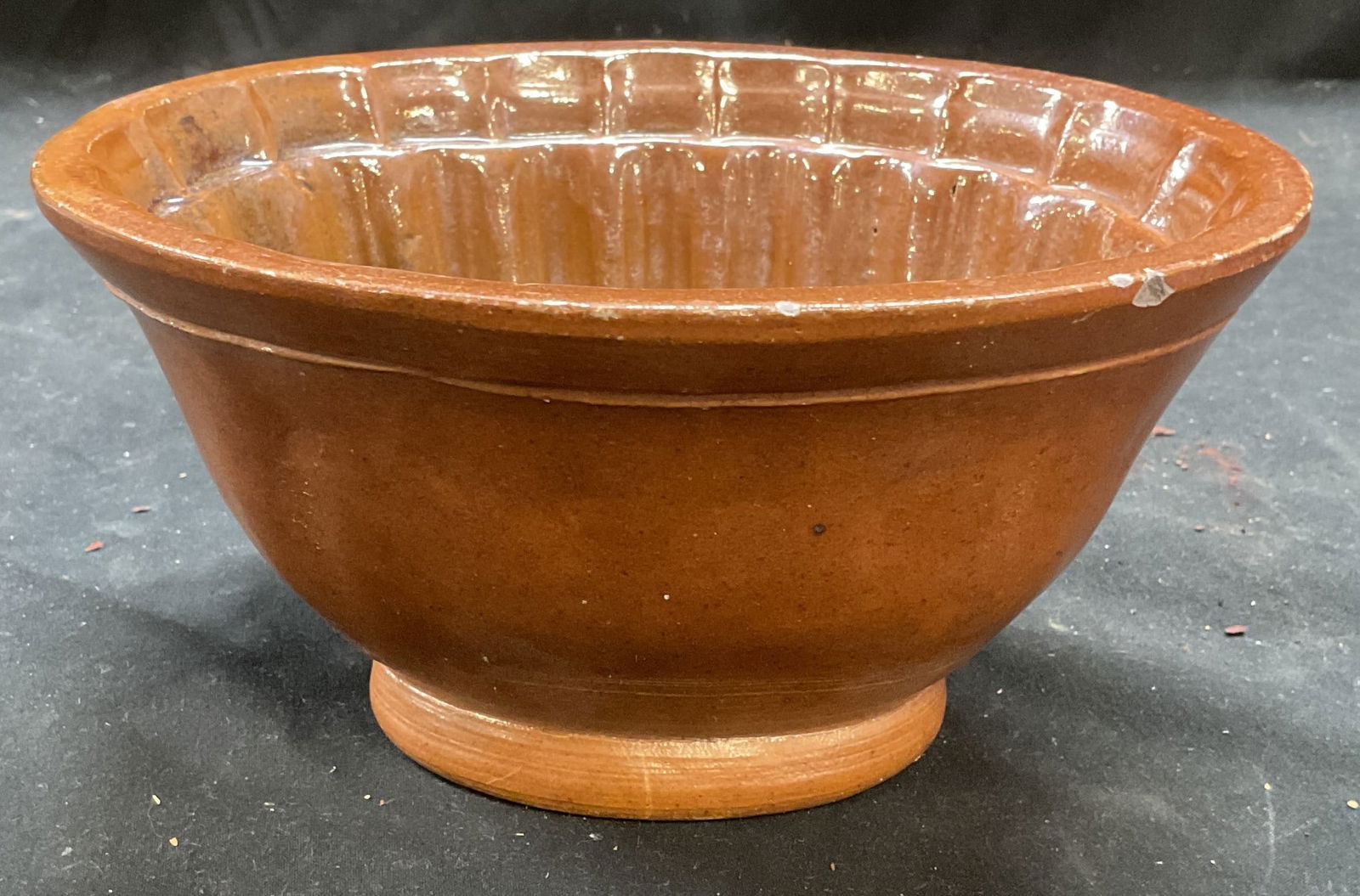 Antique Brown Ceramic Food Pudding Mold: Antique ceramic mold for food, pudding, jelly. Decorative fluted floral pattern. Measures approx 7.5 x 6 x 4 inches. Some small chips, scratching and hairlines. Antiques, collectibles, antique mold, f