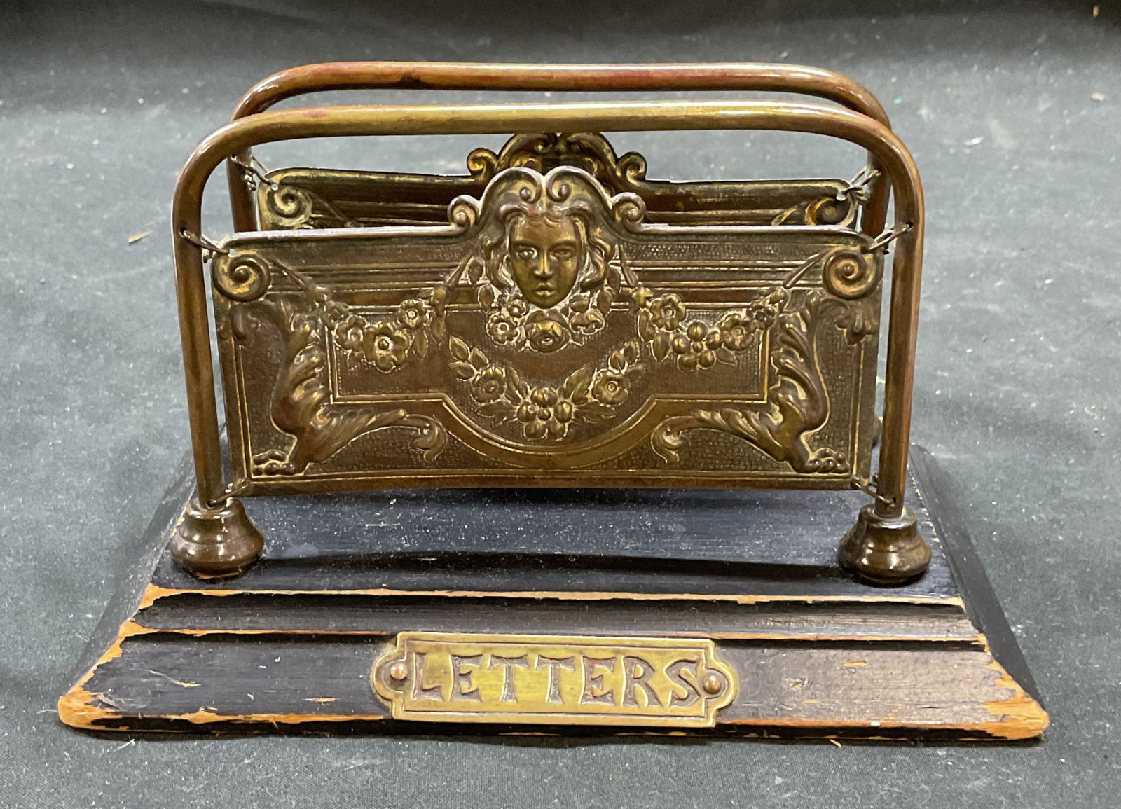Antique Repousse Brass & Wood Letter Holder (1 of 6)