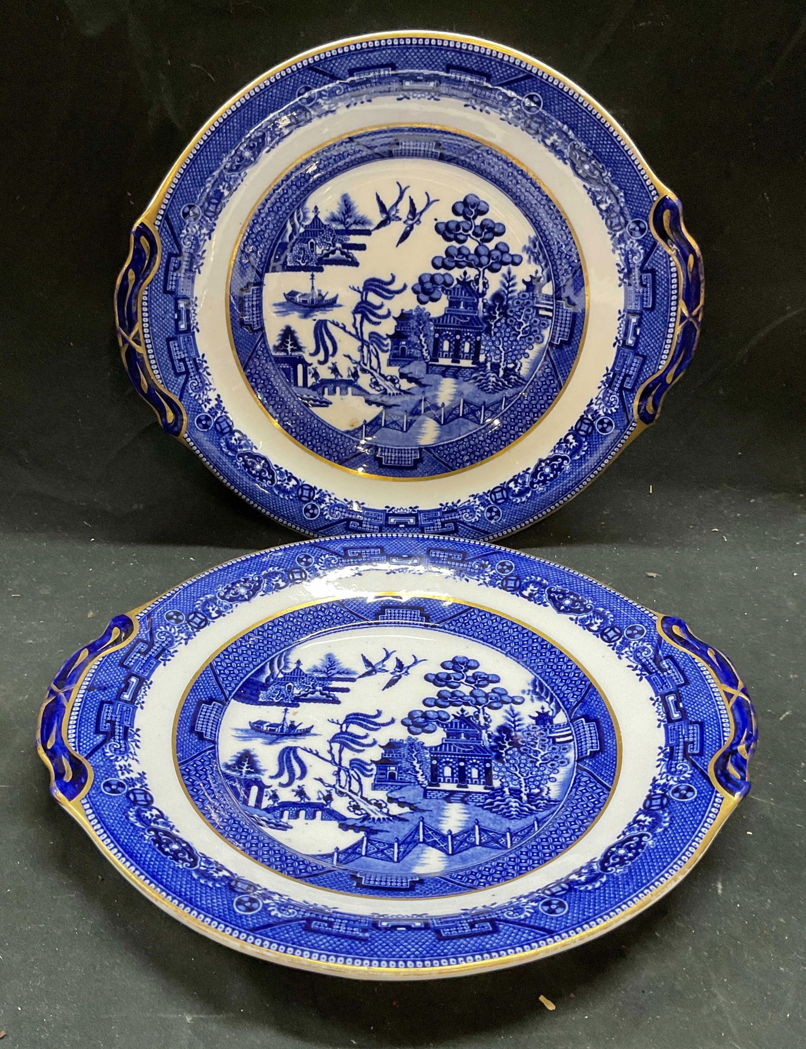 Pair Signed Blue Willow Gilt Ceramic Plates (1 of 7)