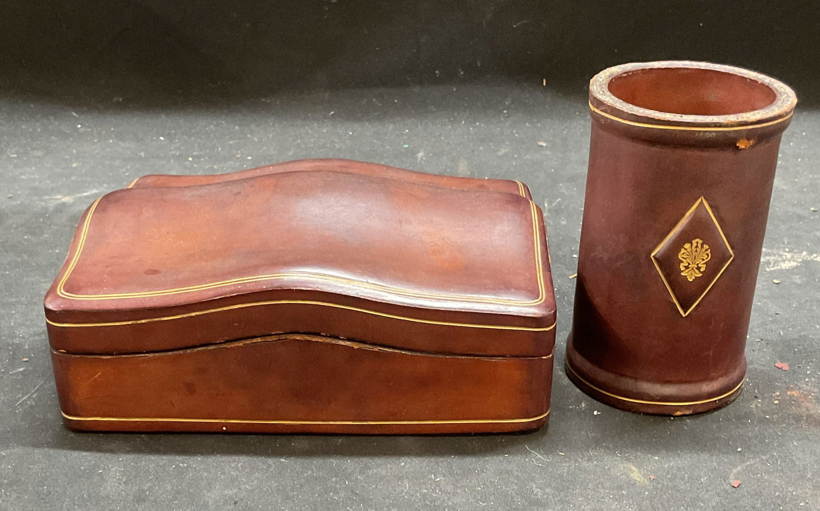 Set 2 Tooled Gilt Leather Desk Cup & Box, Italy (1 of 9)