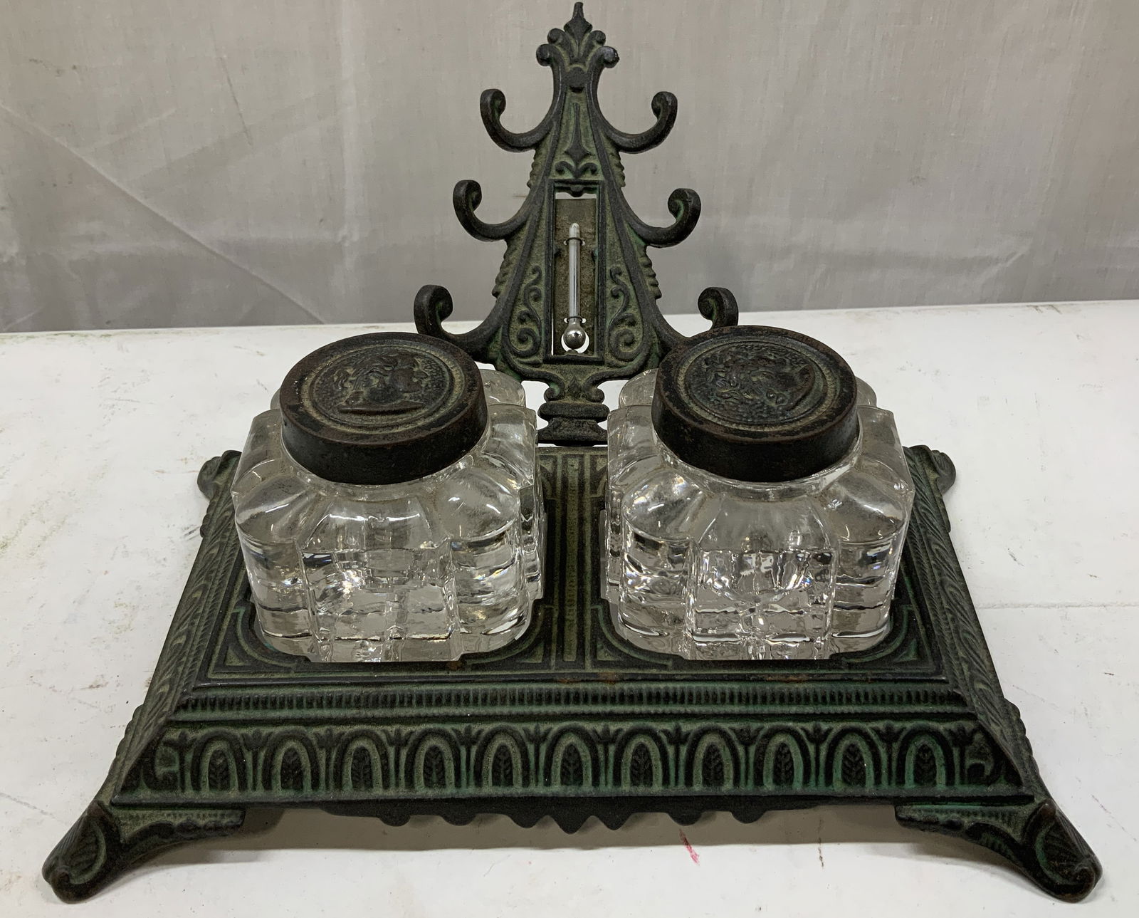 Pat.1876 Cast Metal Double Inkwell Desk Set (1 of 9)