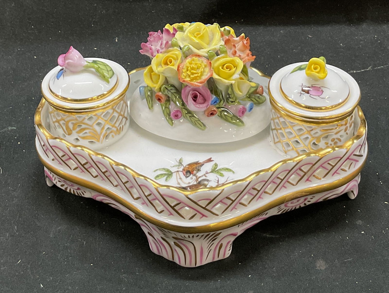 Herend Hand Painted Porcelain Double Inkwell Set (1 of 9)