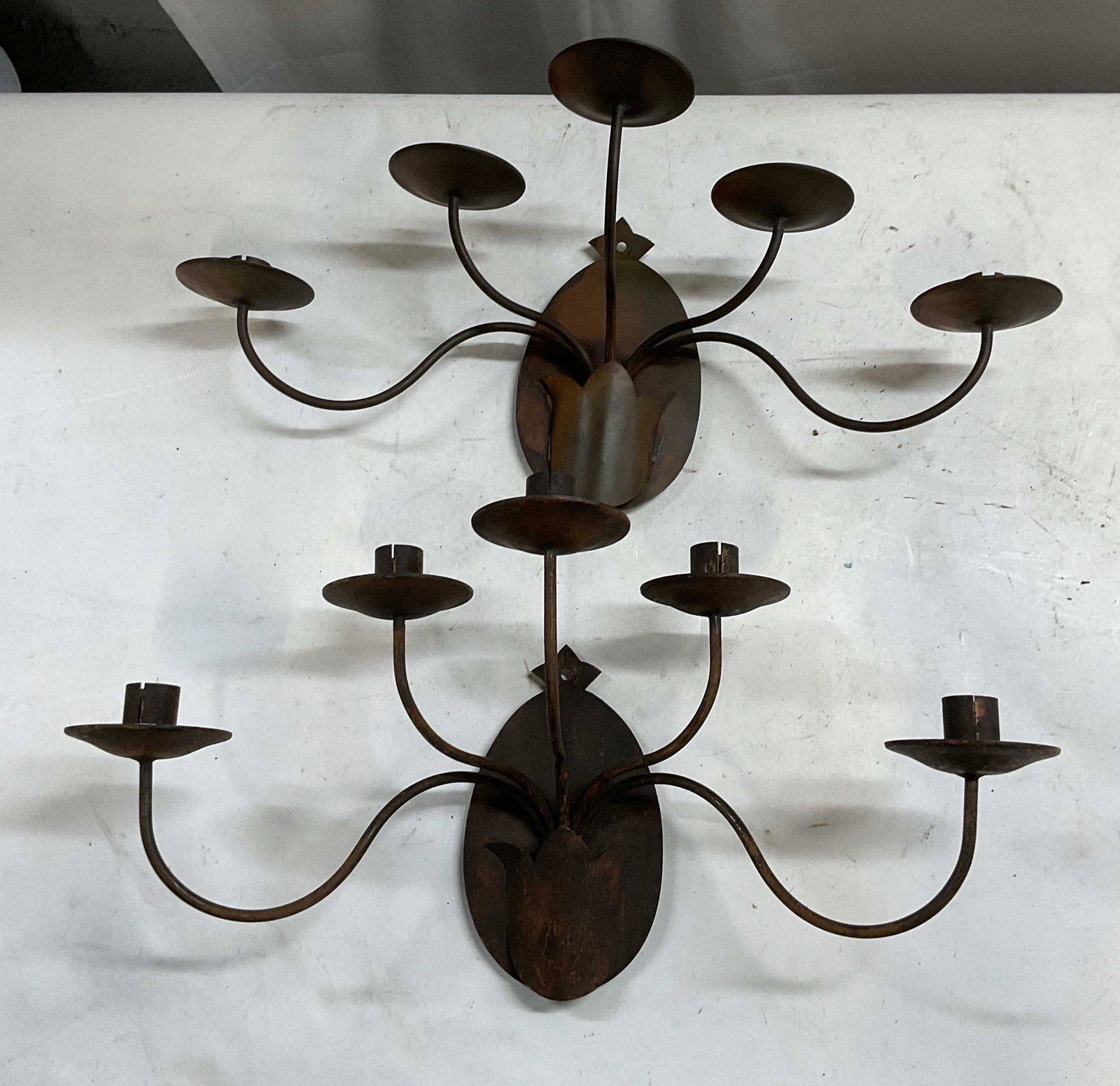 Pair Vtg Iron Tulip 5 Arm Candle Wall Sconces (1 of 7)
