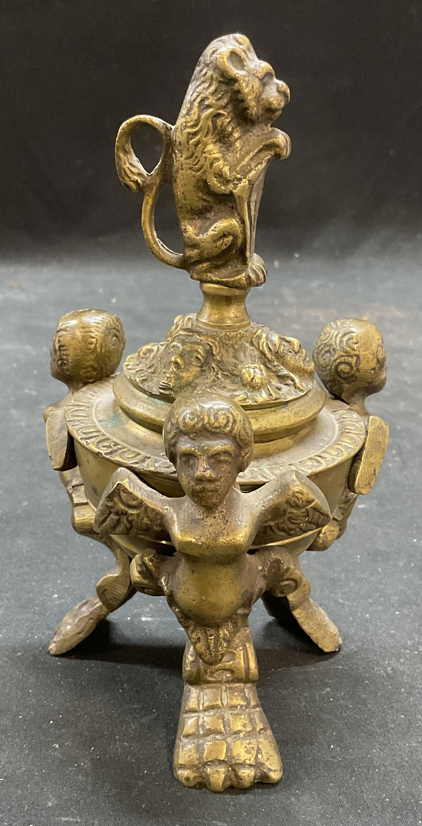 Antique Brass Figural Lion Tripod Inkwell (1 of 6)
