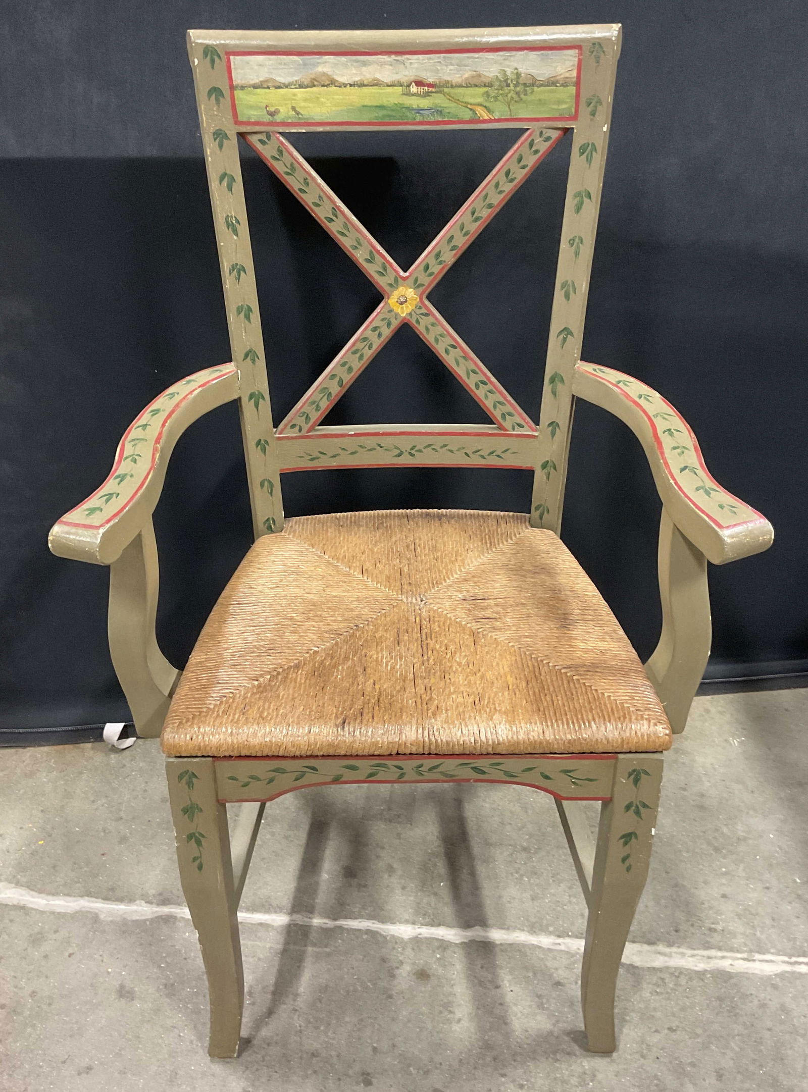 Vtg Hand Painted Landscape Wood Rush Seat Chair (1 of 7)