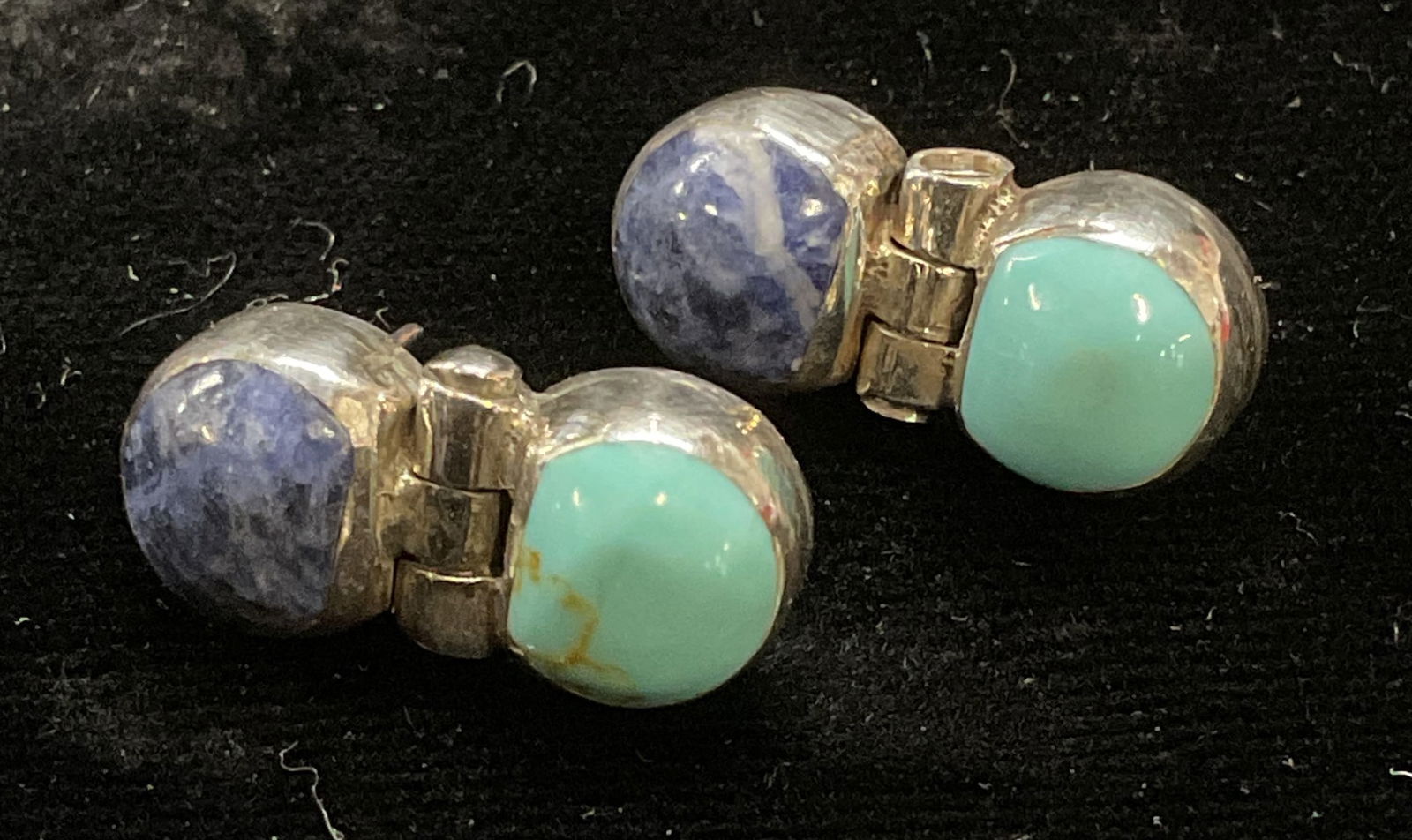 950 Silver Turquoise Semiprecious Earrings: 950 silver earrings with turquoise and blue agate semiprecious stone. Marked 950. Measure approx .75 inches long. Total weight 7.3 grams. Some scratching. Jewelry, estate jewelry, fine jewelry, cockta