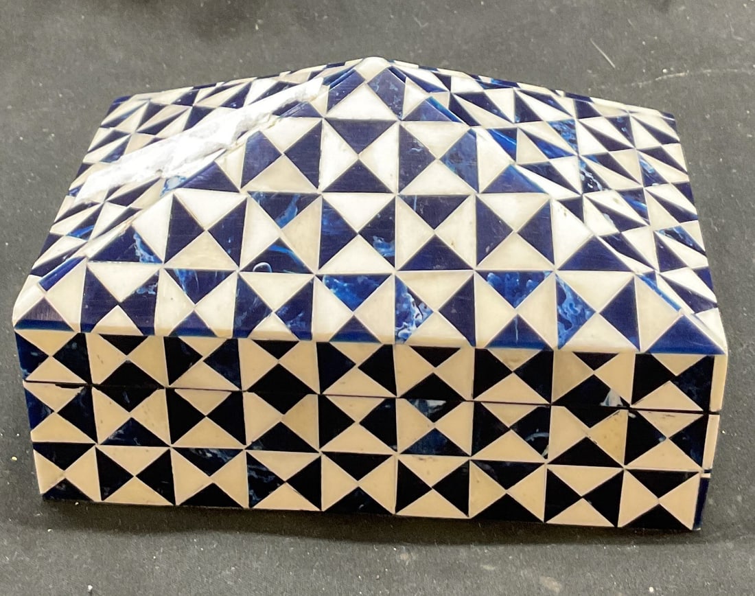 Tozai Home Geometric Faux Bone Lidded Box India: Tozai Home geometric patterned pyramid shaped faux bone lidded box. Sticker adhered to underside, reads Handmade in India. Square base with pyramid shaped lid. Blue and white geometric patterned. Meas