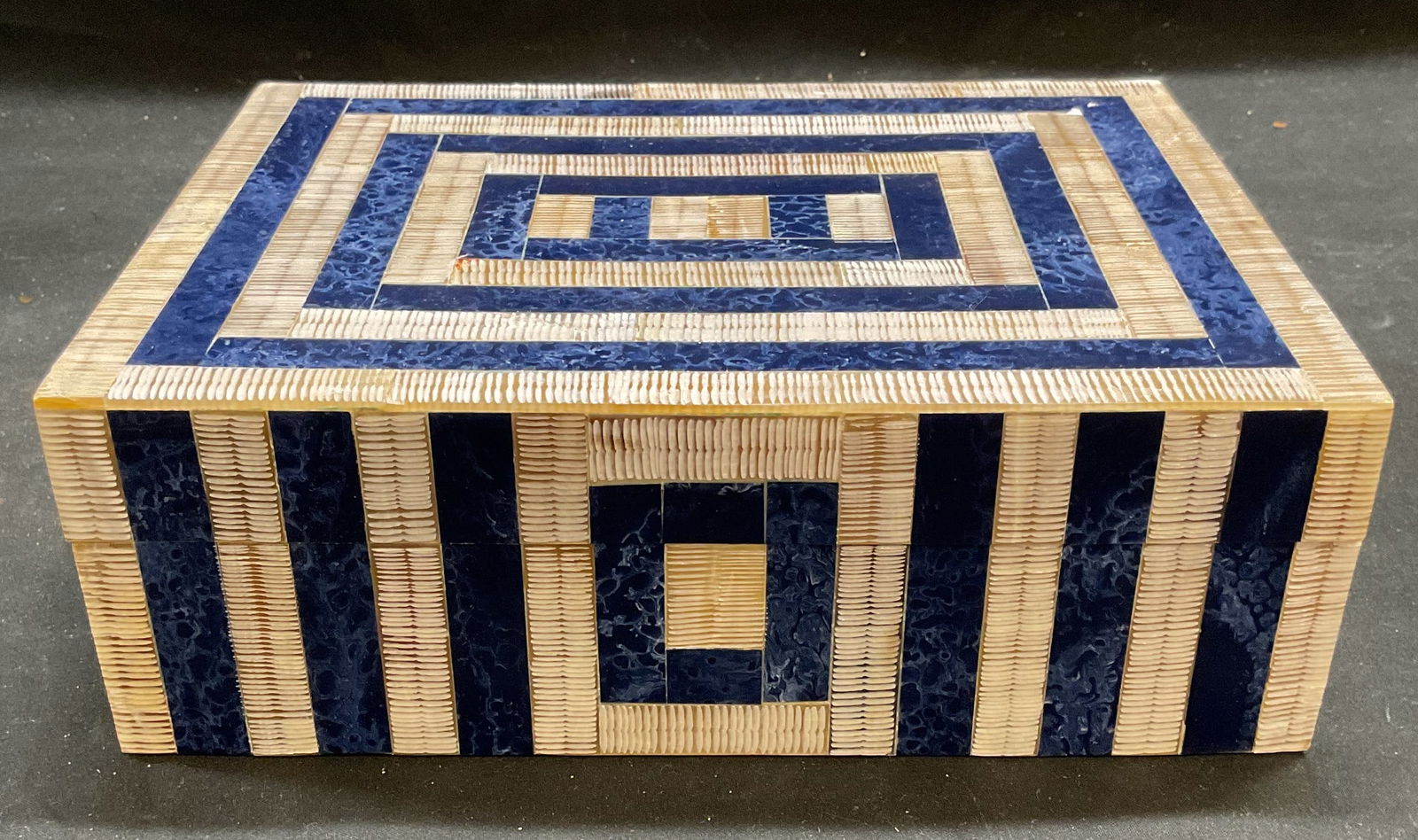 Inlaid Faux Bone & Stone Wood Dresser Jewelry Box: Wood dresser or jewelry box. Inlaid faux bone and faux blue marble covered exterior. Measures approx 9 x 7 x 3 inches. Some wear consistent with exposure. Jewelry box, dresser box, keepsake box, home