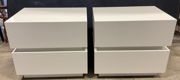 Pair White High Gloss Wood Nightstand Tables