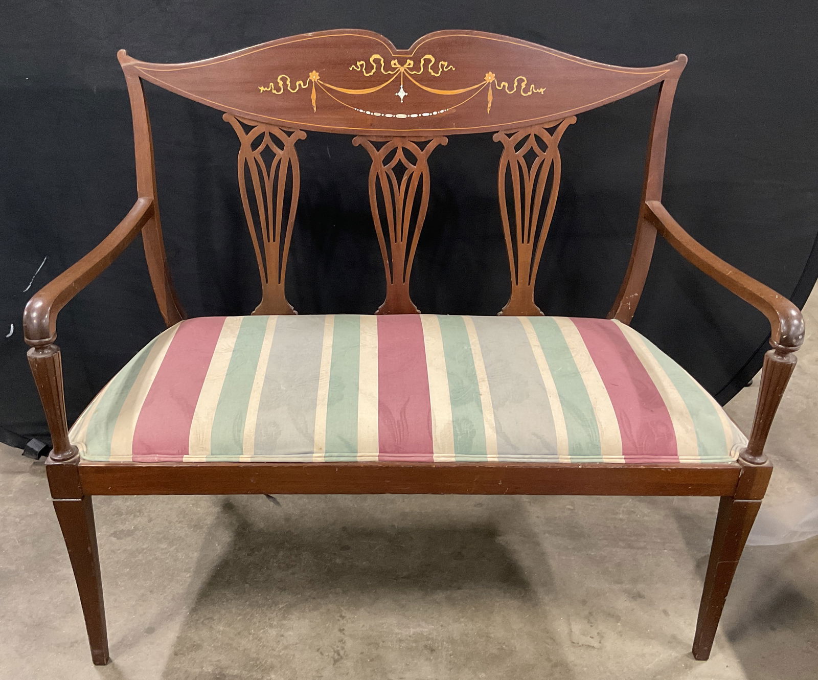 Antq Edwardian Inlaid Wood Upholstered Settee (1 of 7)