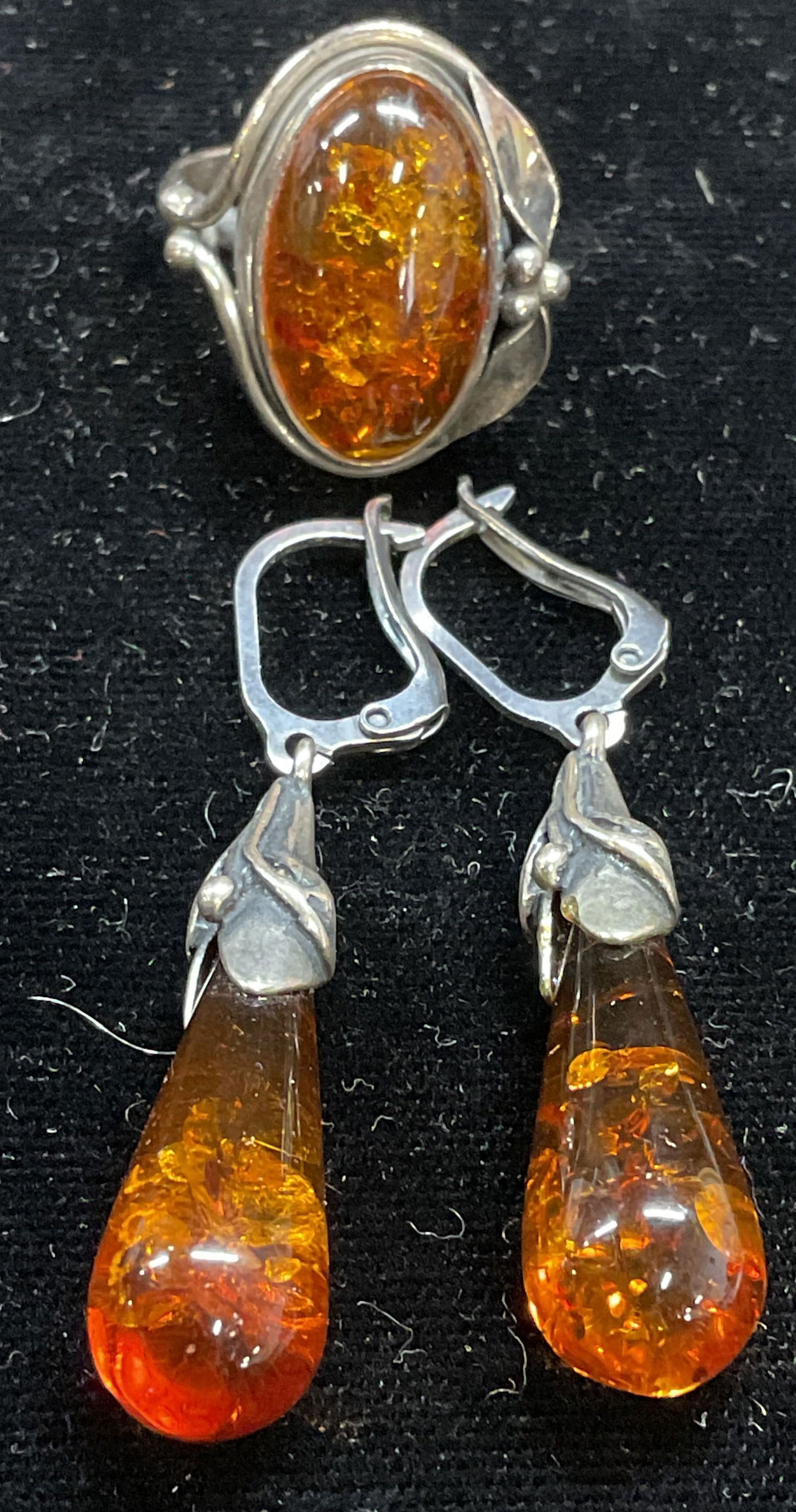Set Vtg Sterling Silver Amber Ring & Earrings (1 of 7)