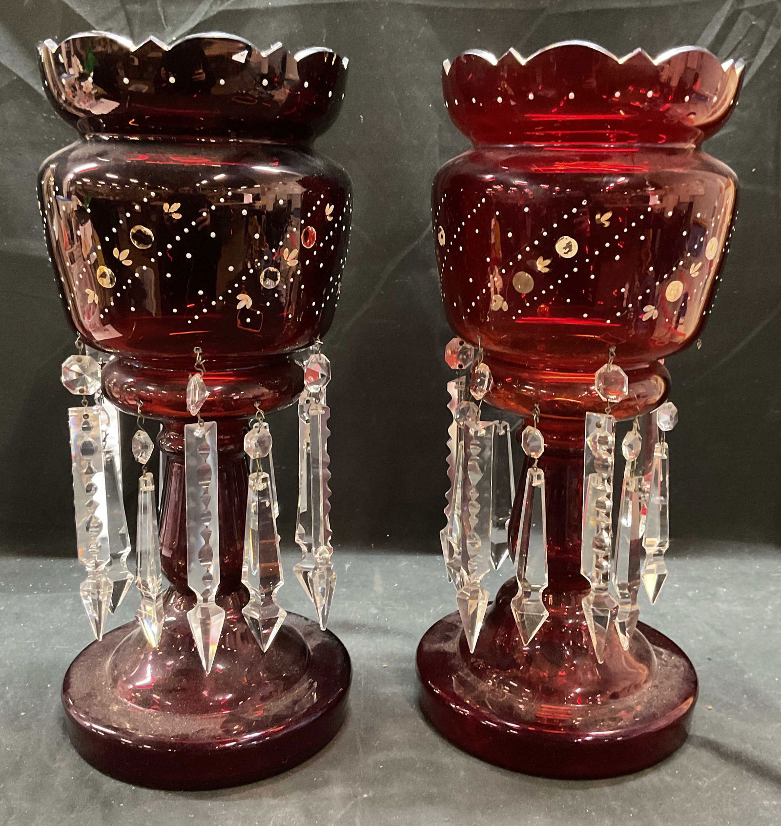 Pair Vtg Ruby Glass Lustres with Crystal Prisms (1 of 7)