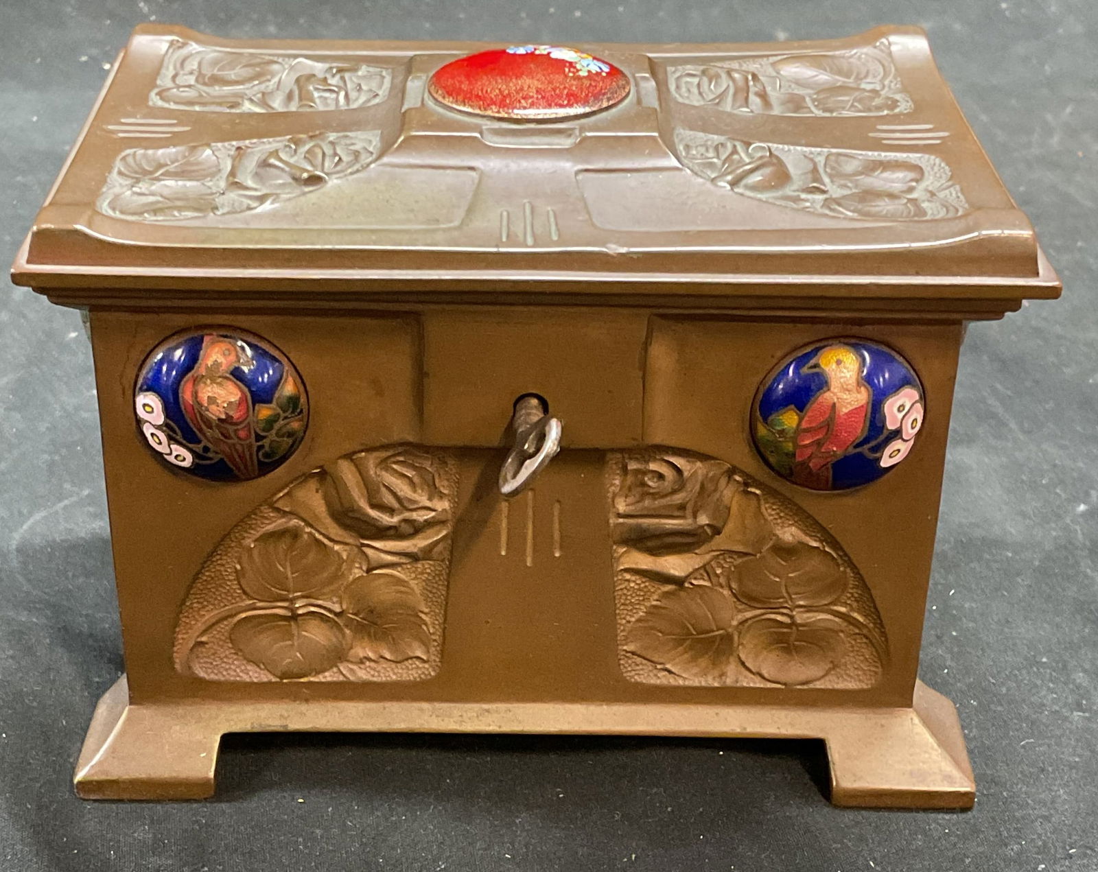 Antq Art Nouveau Sgn Bronze Enamel Floral Box (1 of 7)