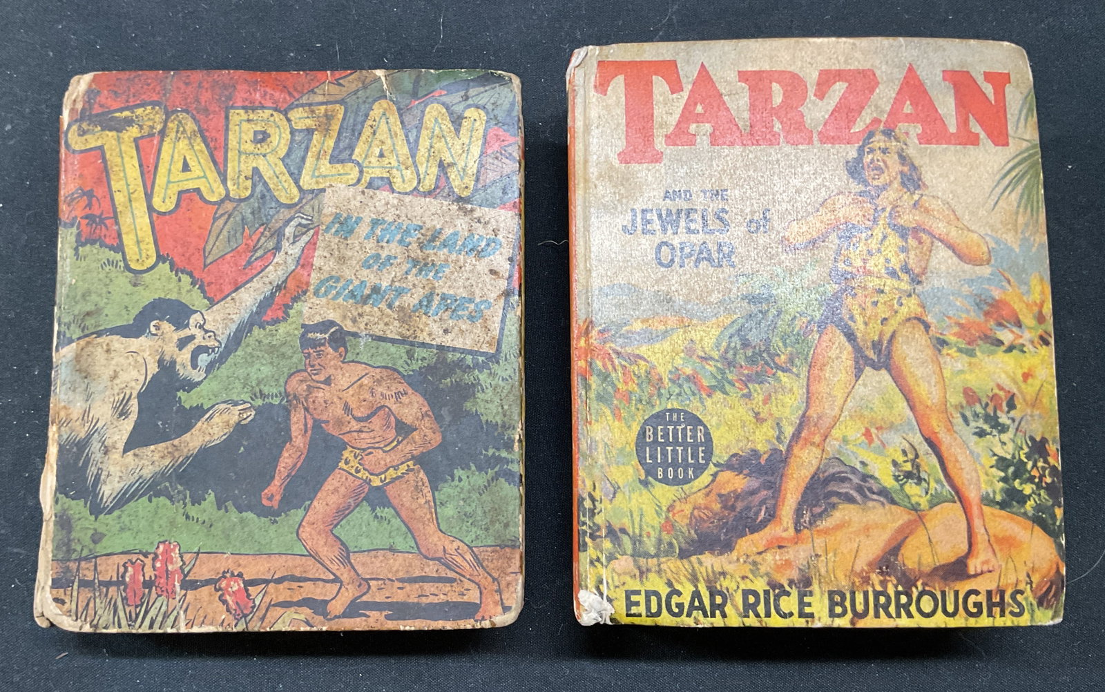 2 Tarzan Better Little Books, Illustrated, 1940: Lot of 2 vintage hardcover books. Tarzan A The Jewels of Opar and Tarzan In The Land of The Giant Apes by Edgar Rice Burroughs. Published by Whitman Publishing, 1940 and 1949. Better Little Books. Ill