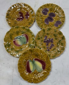Set 5 SGND Majolica Ceramic Fruit Plates France