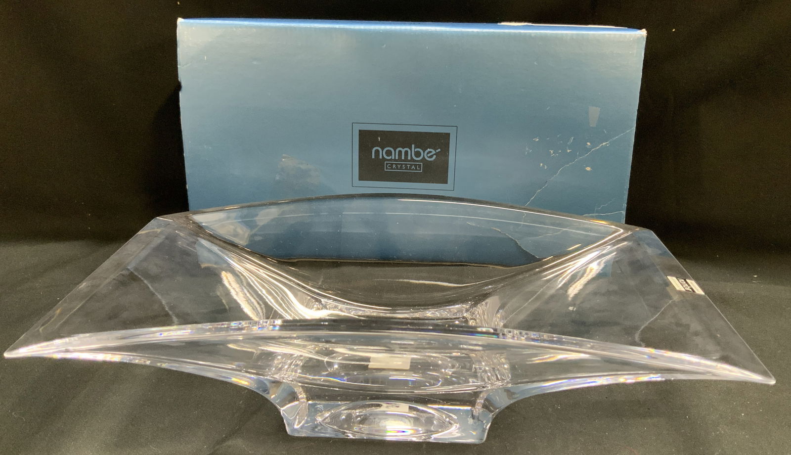Nambe Planar Handcrafted Crystal Bowl SLOVENIA: Crystal bowl is hand-crafted & features a distinctive rectangular shape with thick side walls that fan out. Comes with original Nambe box. Signed & marked. Reads, HANDCRAFTED Nambe IN SLOVENIA. Surfac