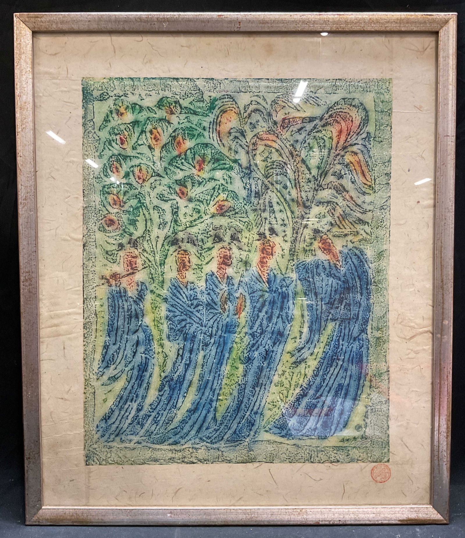 Ting Chou Fong Five Beauties Color Stone Rubbing: Framed stone rubbing in color on rice paper. Stamped lower right. Stone rubbing authentication label from Cathay House affixed to verso. Artist listed Ting Chou Fong, rendered 1975. Five Beauties. Sou