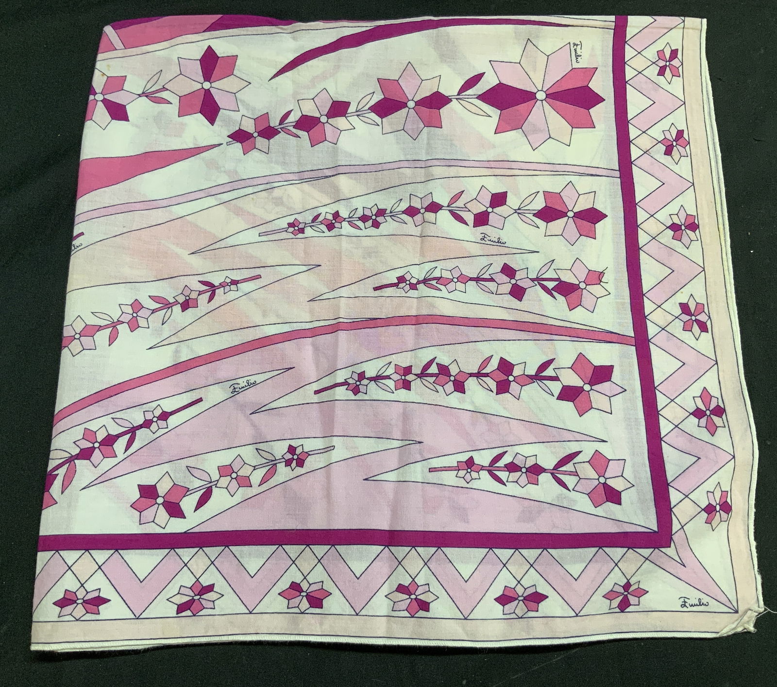 Vtg Emilio Pucci Pink Abstract & Floral Scarf: Vintage Emilio Pucci scarf with a pink, magenta, & cream abstract geometric/floral pattern. Scarf appears to be cotton & reads, EMILIO. Surface wear consistent to age, use & exposure. Measurements: le