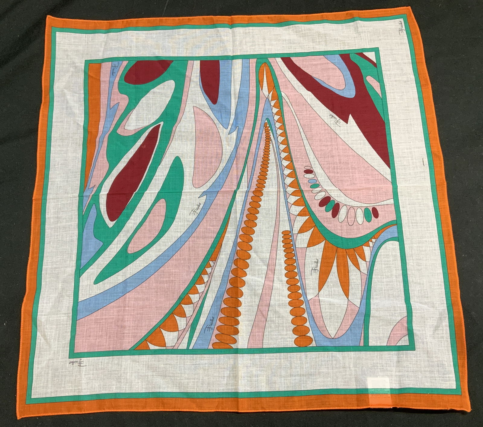Emilio Pucci Firenze Abstract Handkerchief ITALY: Emilio Pucci handkerchief featuring a vibrant & abstract pattern. Pink, orange, green, white & blue shades. Designers signature is on print. Signed & marked. Reads, EMILIO PUCCI. FIRENZE. MADE IN ITAL