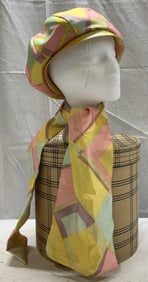 Vntg Pastel Geometric Tassel Hat W Scarf & Box