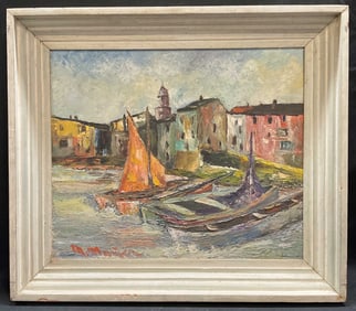 Framed Signed Sailboats Oil Painting 28.5in
