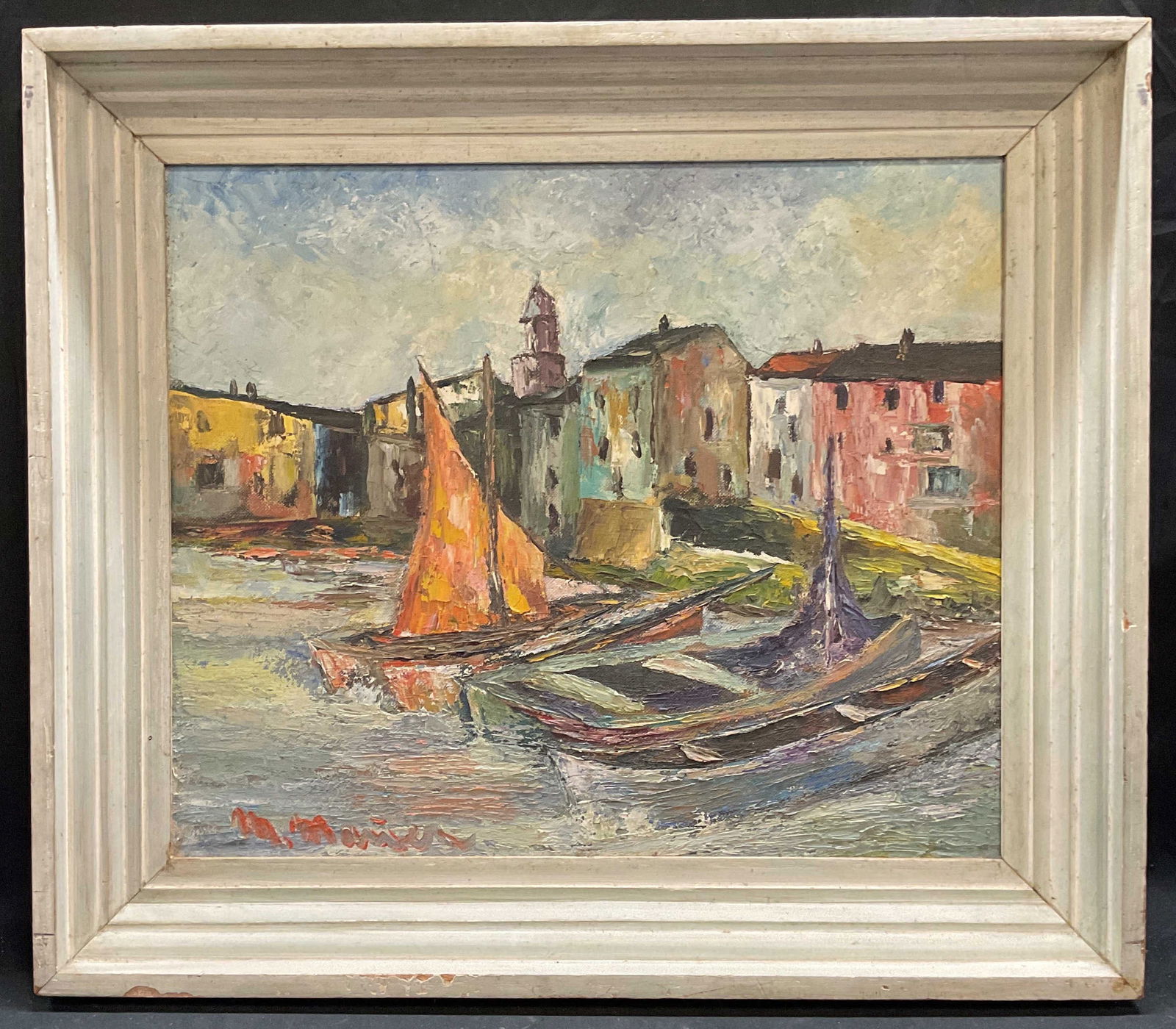 Framed Signed Sailboats Oil Painting 28.5in (1 of 6)