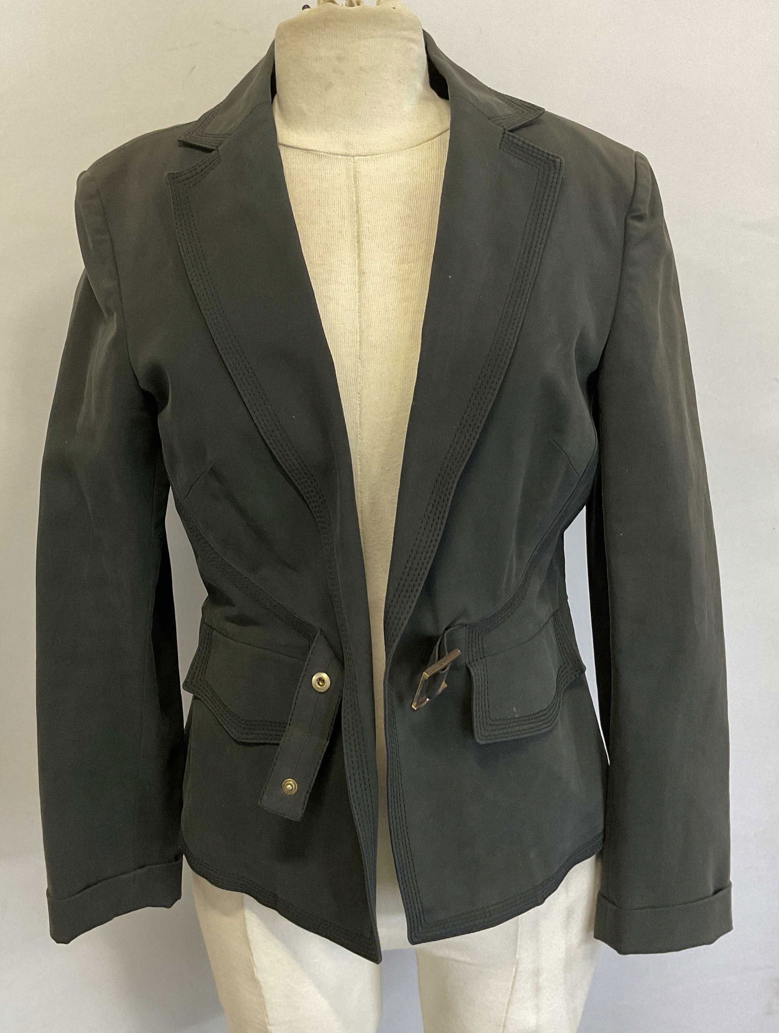 Les Copains Black Blazer Jacket Italy: Les Copains black blazer jacket. Made in Italy. Size 46. Cotton material. Collared jacket. Front pockets and buckle accent. Wear consistent with exposure. Jacket, blazer jackets, coat, Les Copains jac