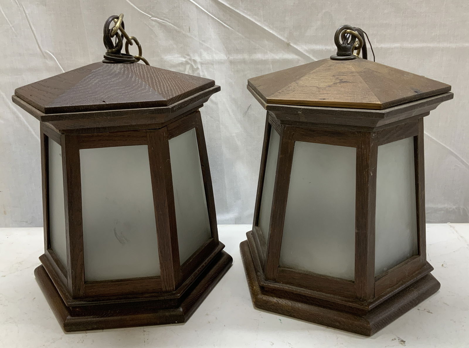 Vtg Pair Wooden Frosted Glass Lantern Fixtures (1 of 6)