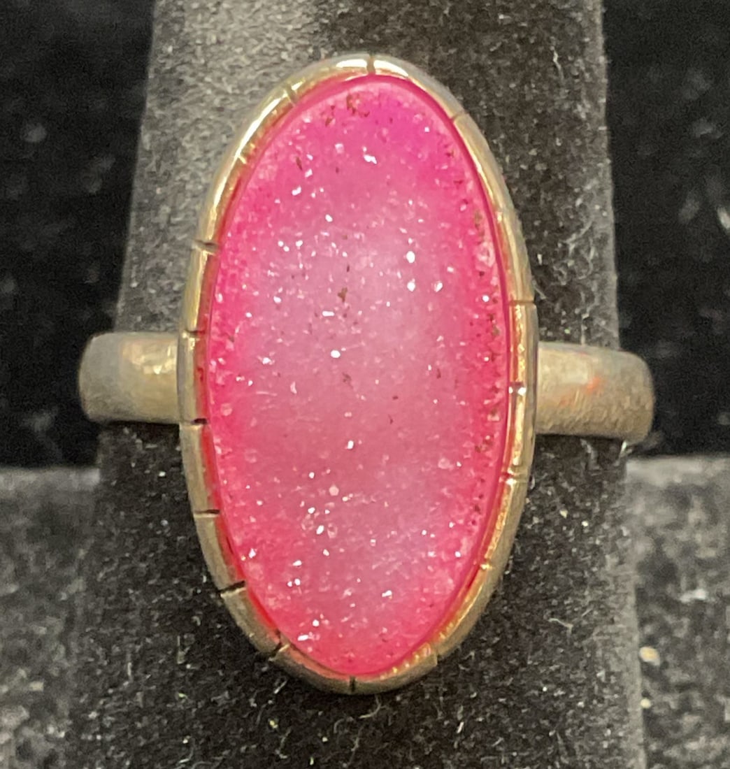 Vtg Sterling Silver Pink Druzy Gemstone Ring (1 of 6)