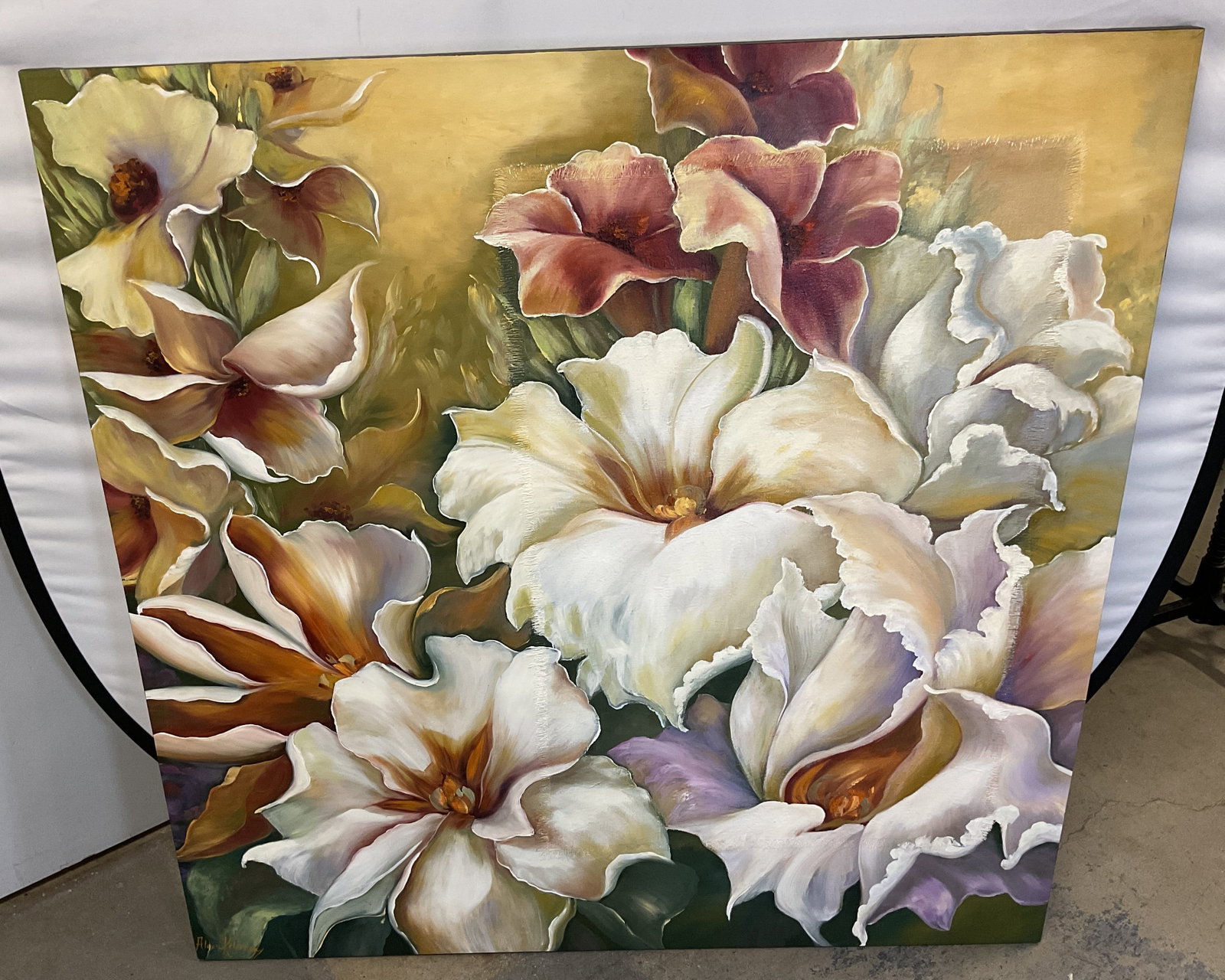 Sgn Alexa Keleman Full Bloom Acrylic Painting 47in: Signed acrylic painting on canvas. Signed lower left, Alexa Keleman. Full Bloom. Flowers in white, pink, yellow. Measures approx 47 x 47 inches. Some wear consistent with exposure. Art, fine art, pain