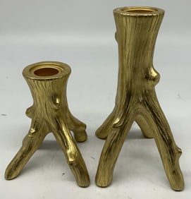 Pair Gold Toned Resin Tree Trunk Candle Holders