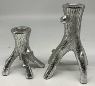 Pair Silver Toned Resin Tree Trunk Candle Holders