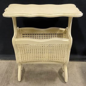 White Wood Cane Magazine Rack Accent Table