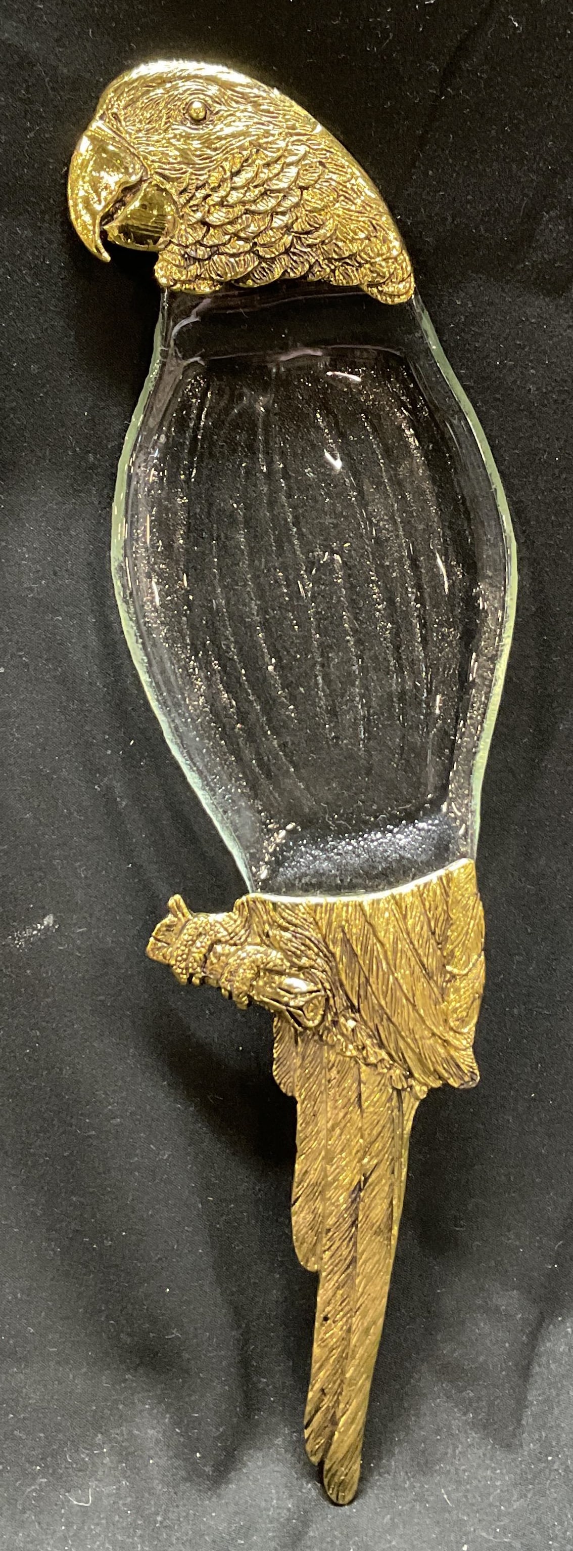Vintage Brass & Glass Parrot Trinket Dish: Vintage brass and glass parrot shaped trinket dish. Glass is ribbed. Brass features details of a parrot in a metallic gold tone. Textured details. Measures approx 3 1/2 x 12 inches. Some surface wear 