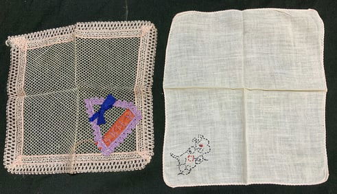 Lot 2 Vntg Pink Hand Embroidered Handkerchiefs
