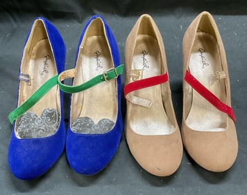 Lot 2 Qupid Tan & Blue Faux Suede Heels