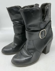 Black Leather Faux Fur High Heel Boots