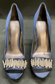 Calvin Klein Blue Satin Crystal Peep Toe Heels