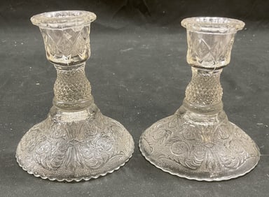 Pair Ornate Scroll Glass Candlesticks