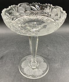 Vntg Cut Glass Floral Pedestal Compote