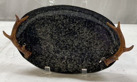 Vintage Ceramic Blue Antler Oval Serving Dish